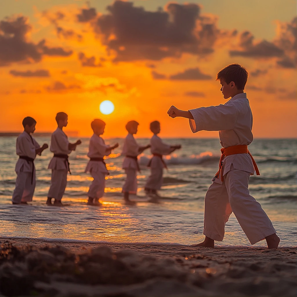 Групповая тренировка на пляже на закате
