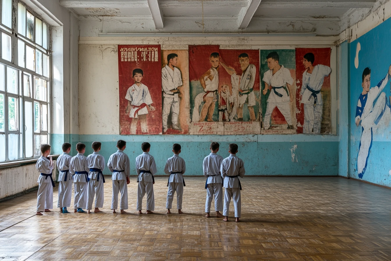 Интерьер додзё с каратистами