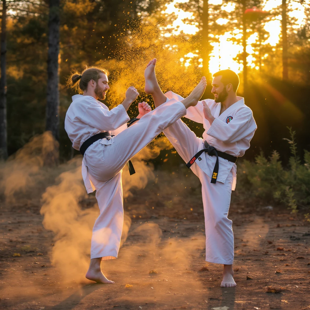 Мастера карате выполняют высокие удары